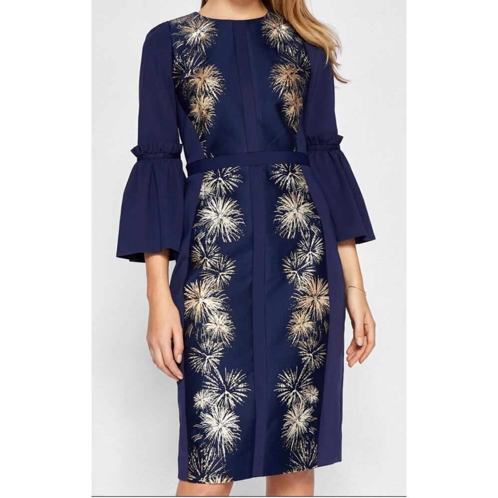 Ted Baker Sz 0/US 2 Jeeane Stardust BellSleeve Dress Navy Romantic Glam Feminine